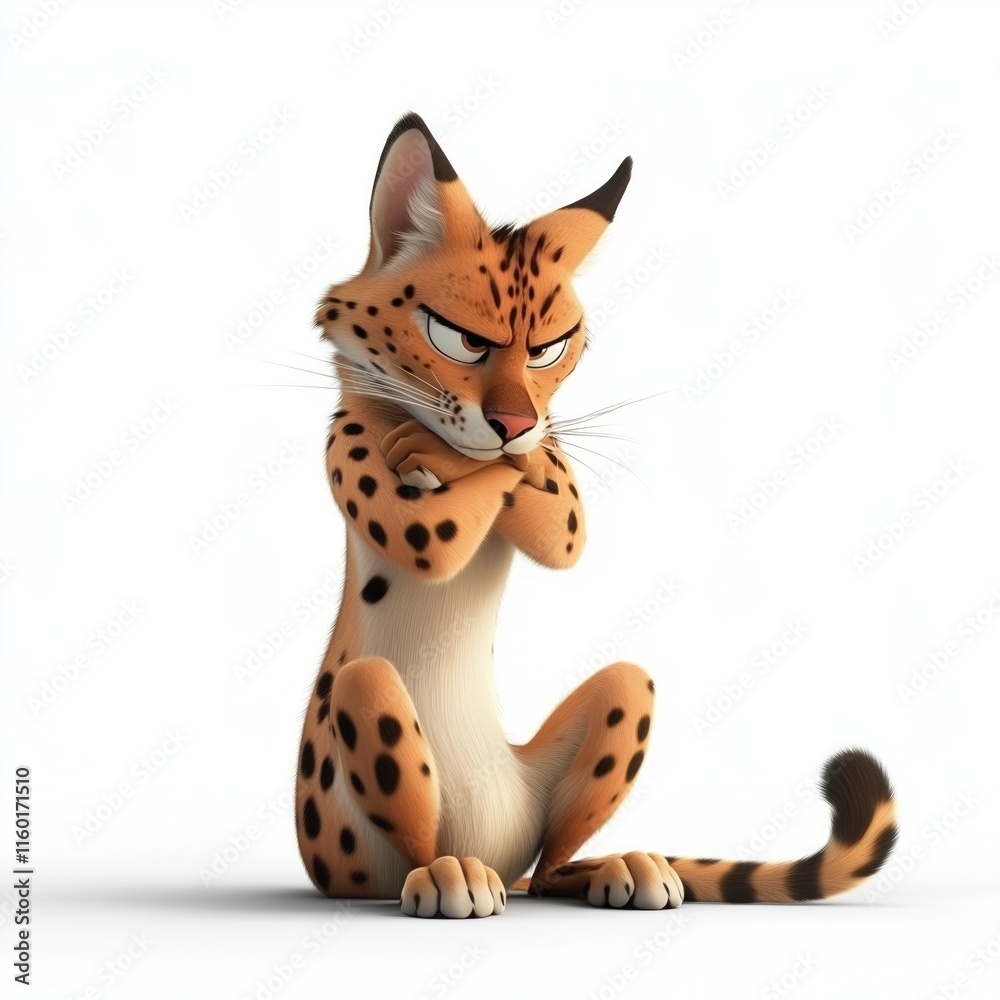 Fototapeta premium Cartoon sad serval sitting on a white background. 3D rendering.