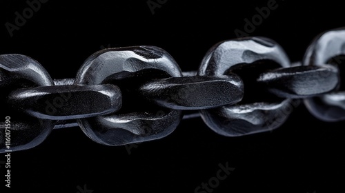 Close-up of a thick black iron chain for lifting heavy equipment.  photo