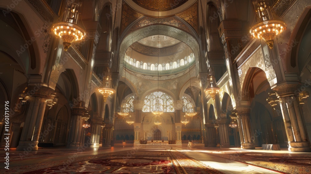 Obraz premium Magnificent Golden Mosque Interior: Architectural Marvel of Light and Grandeur
