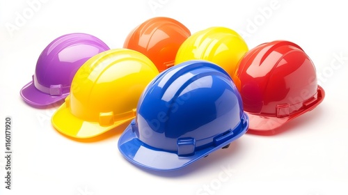 Colorful hard hats for teamwork and safety in construction and engineering.  photo