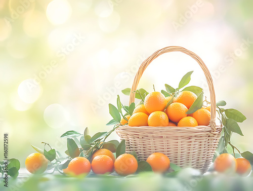 A colorful assortment of orange fruits, including mandarins and kumquats, displayed in a woven basket with green leaves, set against a soft