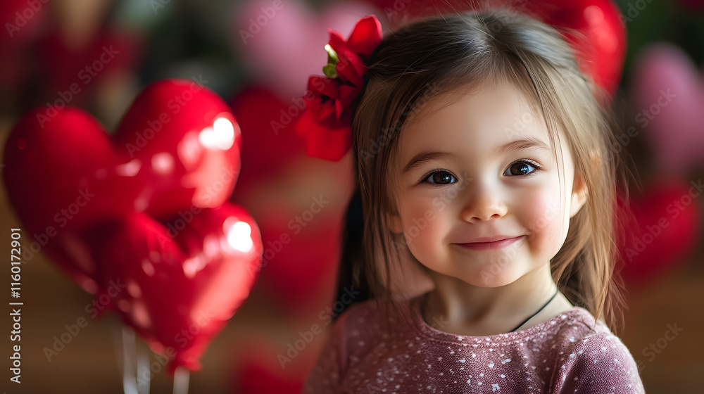 Adorable Smiling Girl with Red Heart Balloons in Valentine's Setting : Generative AI Adorable Smiling Girl with Red Heart Balloons in Valentine's Setting : Generative AI