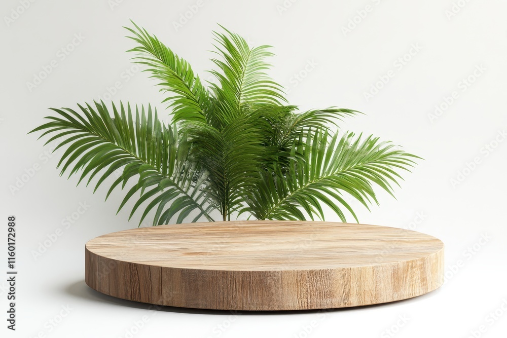 Wooden round podium with tropical leaves. (17) Wooden round podium with tropical leaves. (17)
