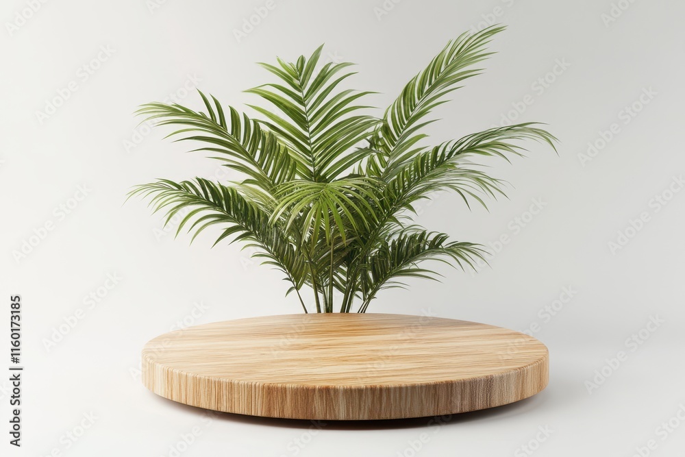 Wooden round podium with tropical palm leaves. (29) Wooden round podium with tropical palm leaves. (29)