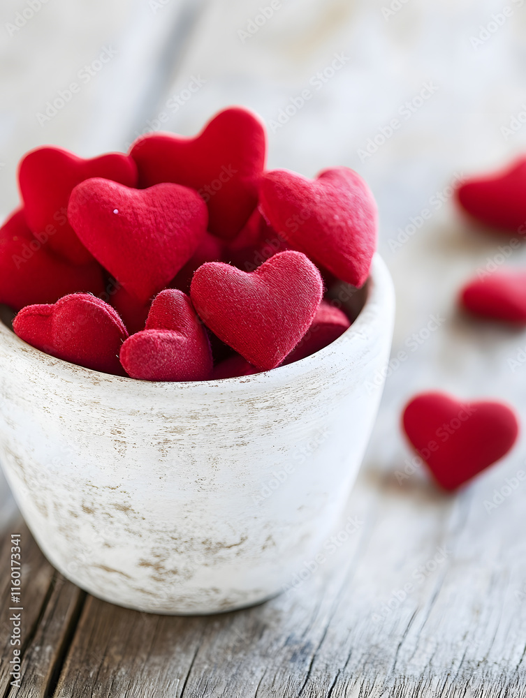 Rustic White Pot with Red Fabric Hearts for Romantic Home Decoration : Generative AI Rustic White Pot with Red Fabric Hearts for Romantic Home Decoration : Generative AI