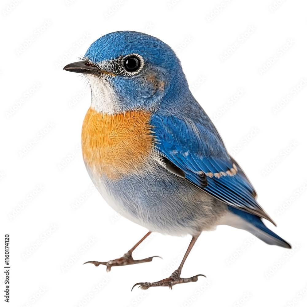 Fototapeta premium Front view full body shot of an extremely perfect looking single Eastern Bluebird bird isolated on a white transparent background