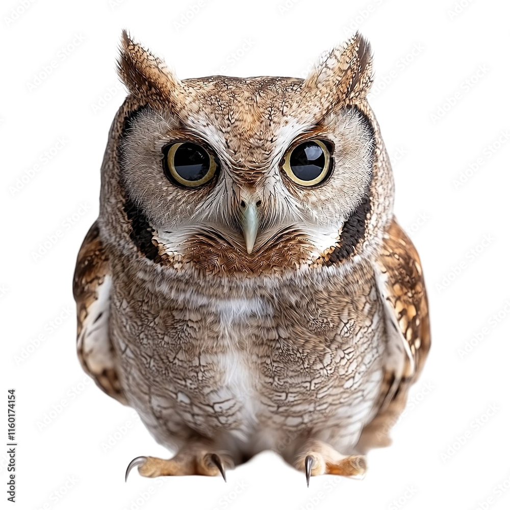 Obraz premium Front view full body shot of an extremely perfect looking single Eastern Screech Owl bird isolated on a white transparent background
