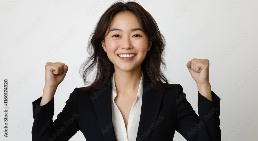 A photograph of an Asian woman in professional attire, smiling and celebrating with her fists raised high against a white background. She is wearing a black suit jacket over an off A photograph of an Asian woman in professional attire, smiling and celebrating with her fists raised high against a white background. She is wearing a black suit jacket over an off