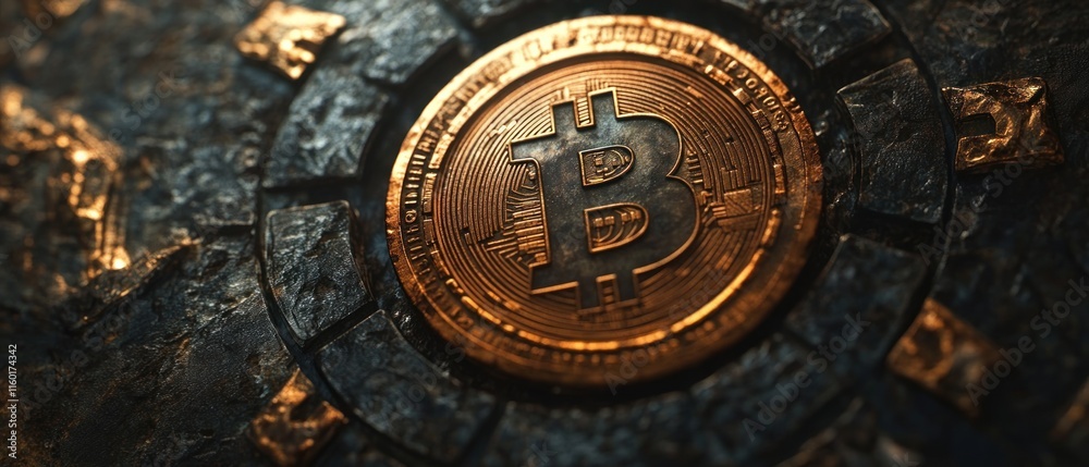 Naklejka premium A close-up of the Bitcoin logo on top of gold coins, against a dark background highlights the golden texture of the metallic surface of each coin