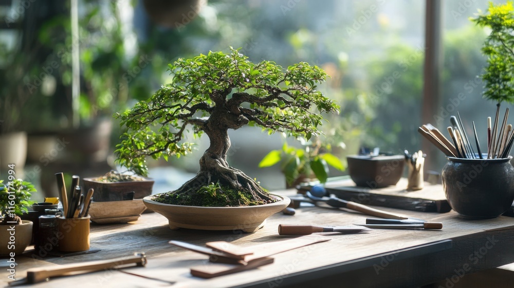 A peaceful bonsai workshop with pruning tools and miniature trees, Bonsai tools arranged around a workbench, Zen workshop style A peaceful bonsai workshop with pruning tools and miniature trees, Bonsai tools arranged around a workbench, Zen workshop style