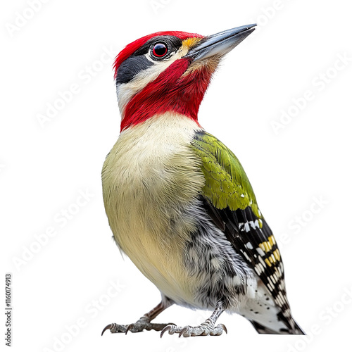 Front view full body shot of an extremely perfect looking single Green Woodpecker bird isolated on a white transparent background