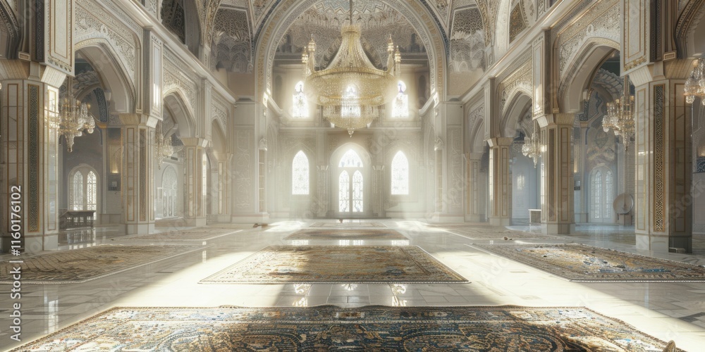 Obraz premium Majestic Grandeur: Sunlit Interior of a Lavish Mosque, Architectural Marvel
