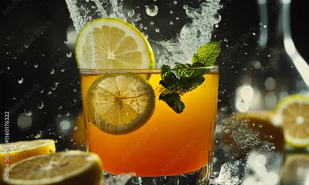 A refreshing drink with lemon slices and mint, splashing in a glass.