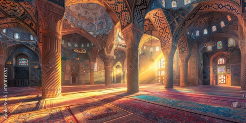 Sunlit Splendor:  A Captivating View Inside a Majestic Mosque in Iran