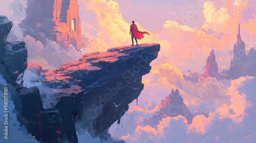 Man in cape on clifftop overlooking fantasy landscape at sunset. photo