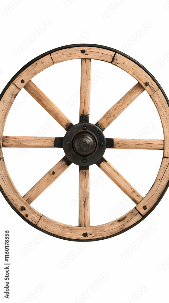 Antique Wooden Wagon Wheel, Isolated, White Background, Rustic Decor, History. Antique Wooden Wagon Wheel, Isolated, White Background, Rustic Decor, History.