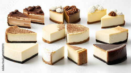 Assorted Cheesecake Slices, Dessert Variety, White Background, Food Photography, Menu Design. photo