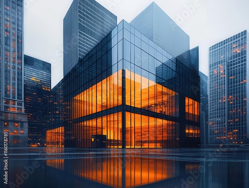 A glasswalled modern bank building glowing with reflections, painted in layered acrylic photo