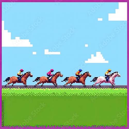 Pixel Art Horse Race Jockeys Horses Competition 8 bit Game