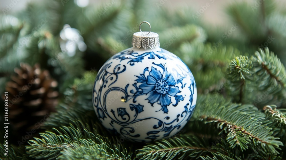 Blue and white floral Christmas ornament rests on pine Blue and white floral Christmas ornament rests on pine