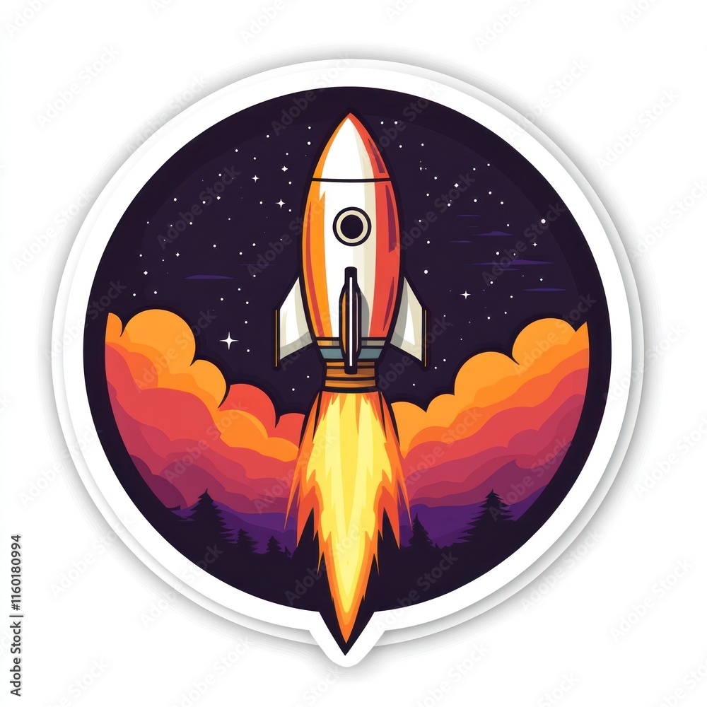 Obraz premium Retro rocket launching into space at sunset.