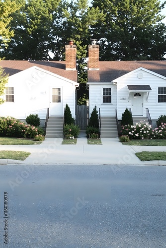 Charming Duplex: A charming white duplex home with a lush green lawn and blooming flowers, bathed in the warm glow of a summer afternoon.  This quaint property exudes a sense of peace and tranquility. photo