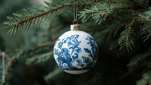 Blue and white porcelain ornament hangs on a pine branch