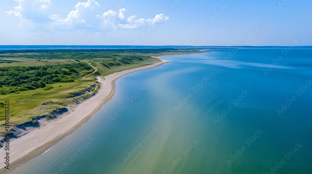 Obraz premium Coastal Aerial View Sandy Beach, Green Dunes, Calm Ocean, Blue Sky, Travel Brochure.