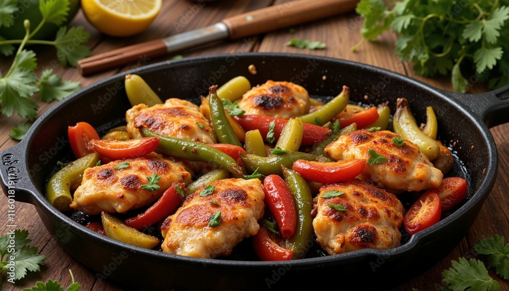 Sizzling chicken fajitas with colorful bell peppers in skillet, delicious lunch Sizzling chicken fajitas with colorful bell peppers in skillet, delicious lunch