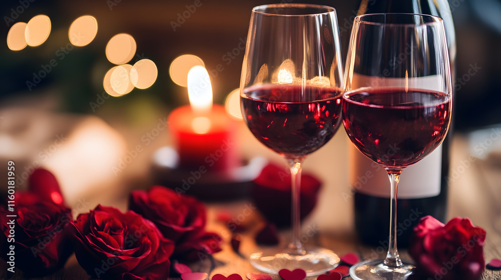 Romantic Setting with Two Glasses of Red Wine and Roses for Intimate Celebrations : Generative AI Romantic Setting with Two Glasses of Red Wine and Roses for Intimate Celebrations : Generative AI