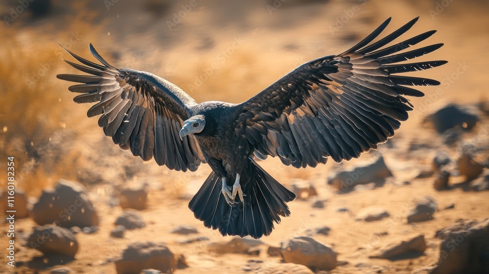 Obraz premium A Cape Griffon Vulture in flight, wings spread wide, landing on arid ground.