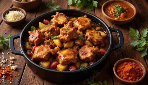 Succulent curry goat dish on rustic table with herbs, culinary delight