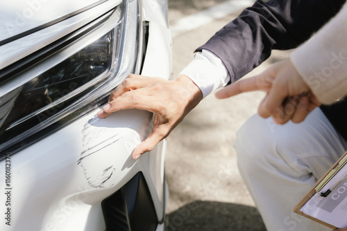 Insurance agents assist clients in an outdoor setting after a car accident, inspecting the vehicle for damage, discussing policy coverage, repair options, liability, and pursuing a claim.