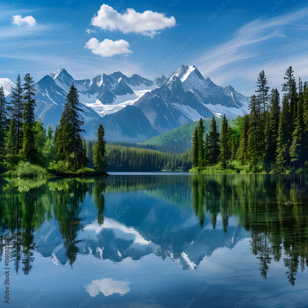 Serene Lake and Snow-Capped Mountains with Pine Forest – Perfect Nature Retreat Serene Lake and Snow-Capped Mountains with Pine Forest – Perfect Nature Retreat