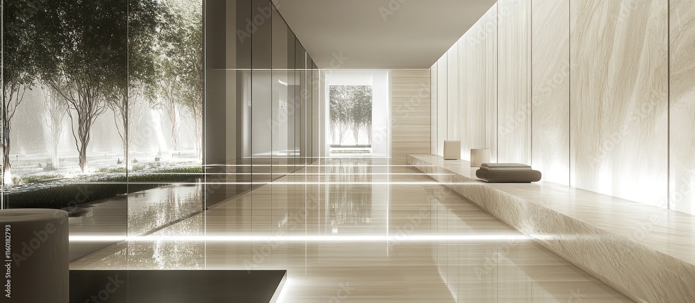 Modern minimalist hallway with natural light and a tranquil garden view. Modern minimalist hallway with natural light and a tranquil garden view.