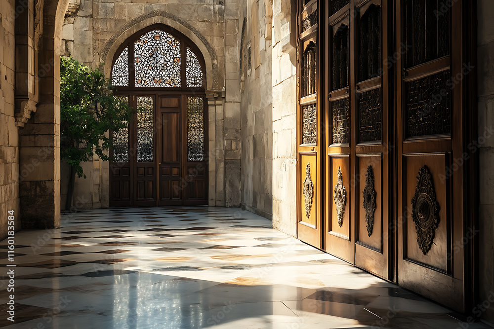 Fototapeta premium Sunlit Marble Floor, Ornate Wooden Doors, and Arched Entrance in Stone Courtyard.