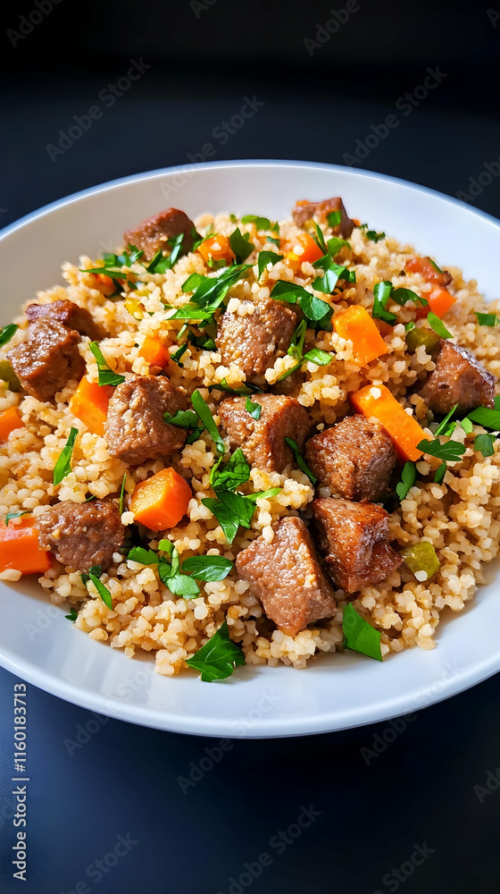 Delicious vegan stew with couscous, carrots, and parsley on a white plate, dark background, healthy meal recipe. Delicious vegan stew with couscous, carrots, and parsley on a white plate, dark background, healthy meal recipe.
