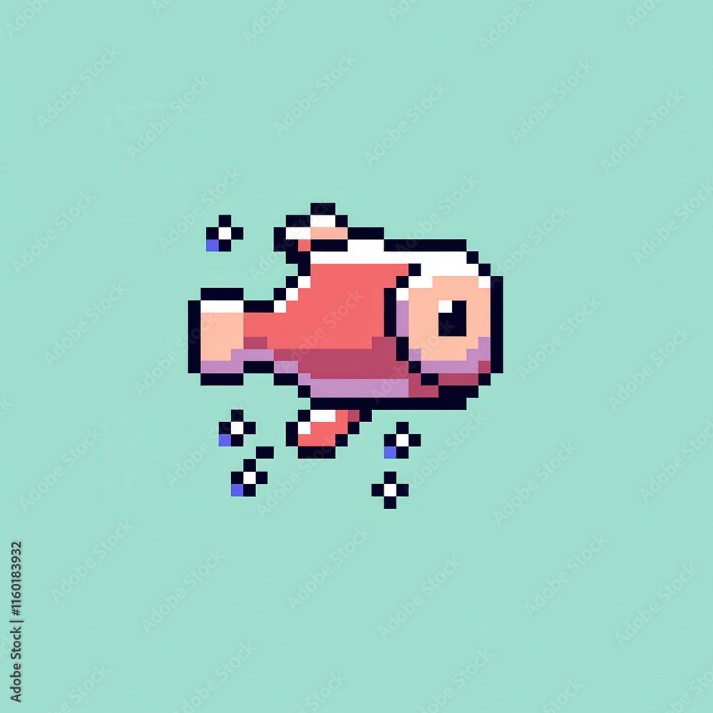 An 8-bit pixel art of a glowing fish swimming in pixelated water, surrounded by tiny bubbles, set against a bright aqua background for an aquatic design. An 8-bit pixel art of a glowing fish swimming in pixelated water, surrounded by tiny bubbles, set against a bright aqua background for an aquatic design.