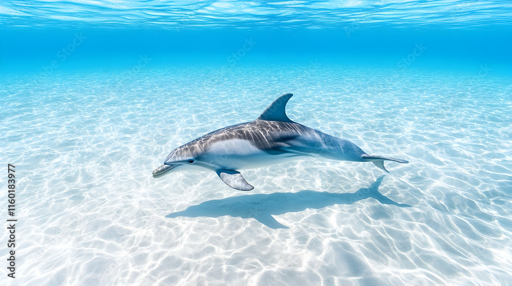 Fototapeta premium Dolphin swimming shallow turquoise water, sunny seabed, ocean wildlife, marine conservation.