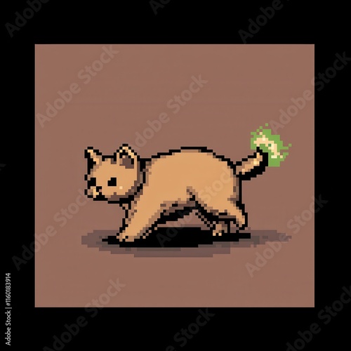 An 8-bit pixel art design of a playful cat chasing a glowing ball of yarn, set on a pastel pink background for a cute and quirky theme.  photo