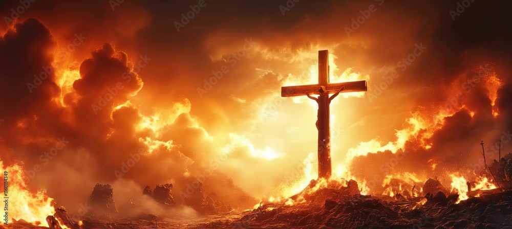 Jesus Cross symbol at burning hell landscape. Christianity religion faith worship spirituality concept. Generative video AI technology.	
