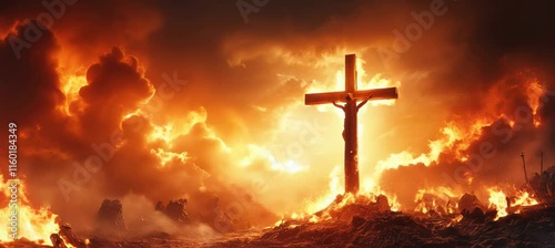 Jesus Cross symbol at burning hell landscape. Christianity religion faith worship spirituality concept. Generative video AI technology.	

