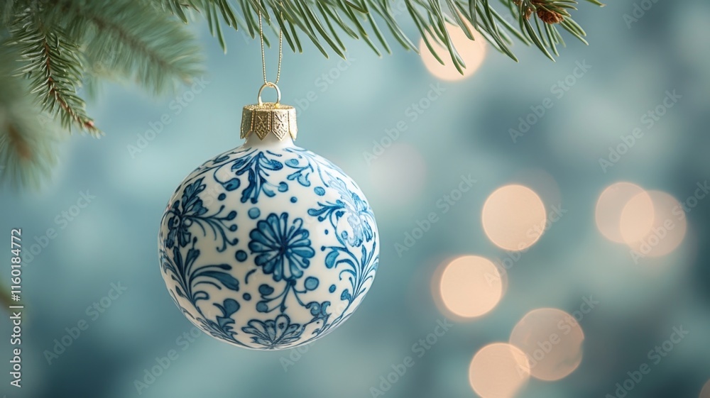 Blue and White Ornate Christmas Ornament Hanging From Tree Blue and White Ornate Christmas Ornament Hanging From Tree