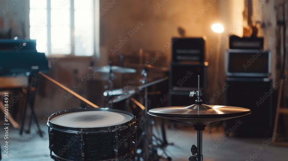 Naklejka premium A rhythmic drumming setup in a minimalist studio, Drums arranged with artistic precision, Contemporary musical style