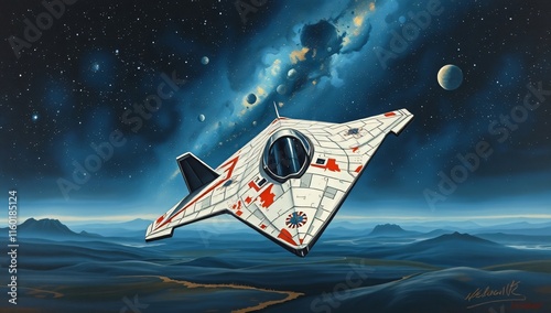 sleek starfighter with distant planets


 photo