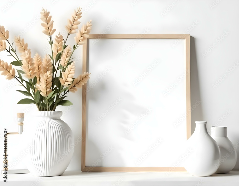 A wooden frame with a white background, a vase with dried flowers, and other decorative elements on a wooden shelf A wooden frame with a white background, a vase with dried flowers, and other decorative elements on a wooden shelf