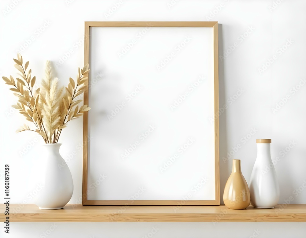 A wooden frame with a white background, a vase with dried flowers, and other decorative elements on a wooden shelf A wooden frame with a white background, a vase with dried flowers, and other decorative elements on a wooden shelf
