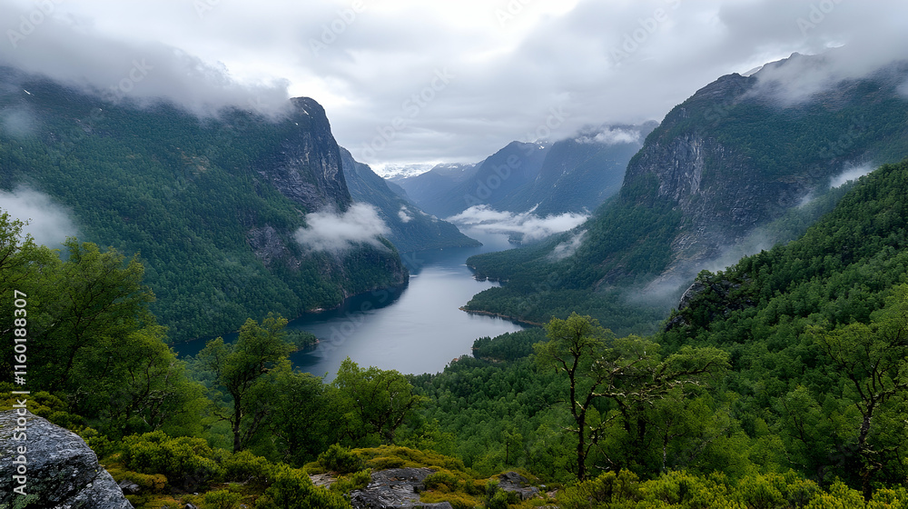 Misty Fjord Valley Landscape, Norway, Hiking View, Travel Poster. Misty Fjord Valley Landscape, Norway, Hiking View, Travel Poster.