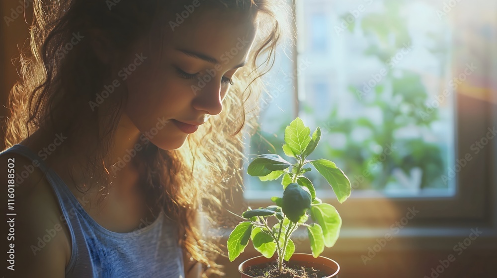 Girl nurtures plant indoors Girl nurtures plant indoors