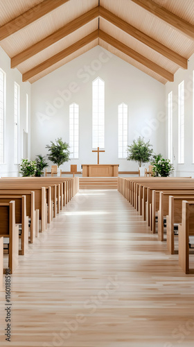 Modern church interior, wooden pews, sunlight, peaceful sanctuary, wedding ceremony.